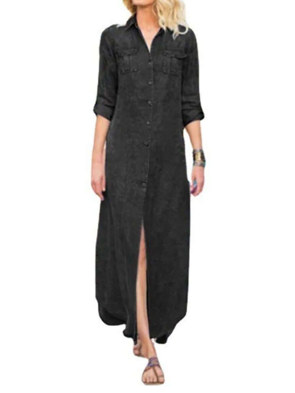 Womens Denim Shirt Dress Vintage Lapel Long Sleeve Casual Button Down Maxi Jean
